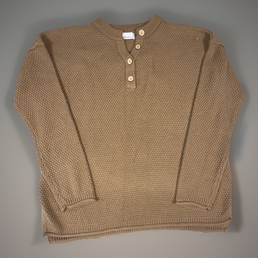Women's LG/ XL Zenana Brown Henley Sweater With Wood Button‎ Accent V Neck